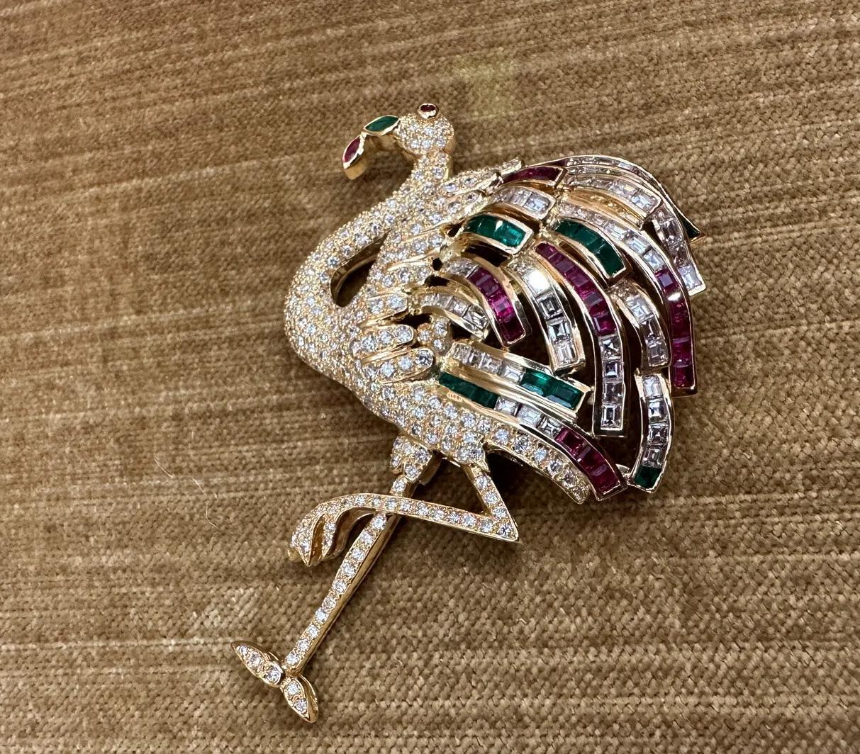 Brilliant Cut Large Diamond Flamingo Brooch with Rubies & Emeralds in 18k Yellow Gold For Sale
