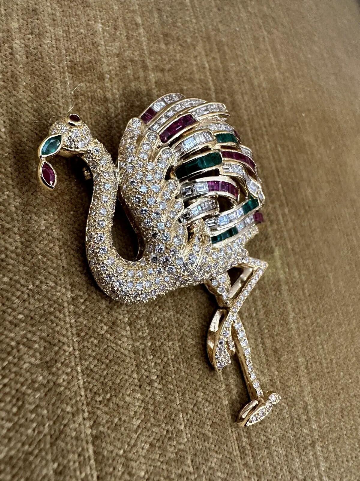 Brilliant Cut Large Diamond Flamingo Brooch with Rubies & Emeralds in 18k Yellow Gold For Sale