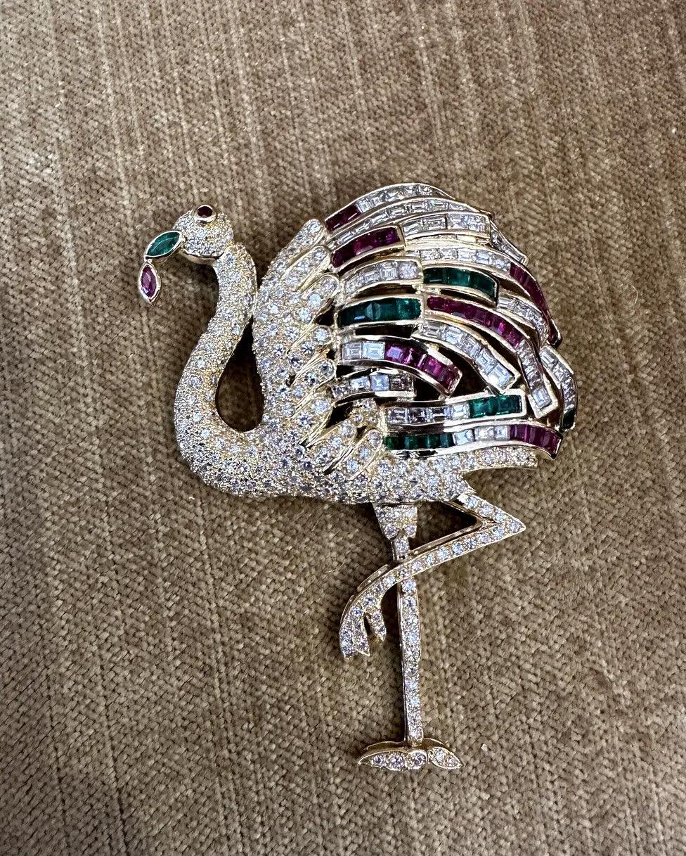 Large Diamond Flamingo Brooch with Rubies & Emeralds in 18k Yellow Gold For Sale 1