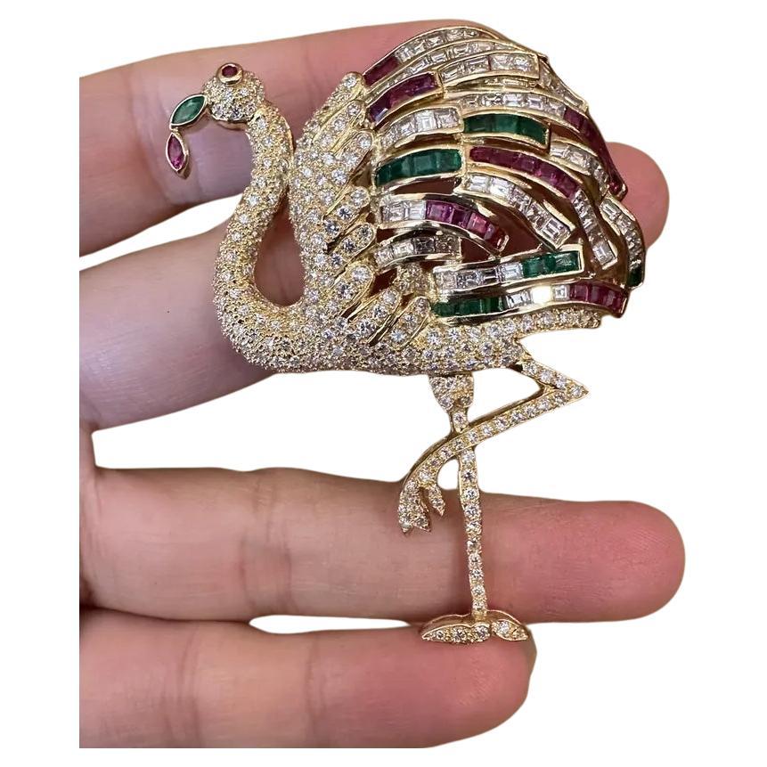 Large Diamond Flamingo Brooch with Rubies & Emeralds in 18k Yellow Gold