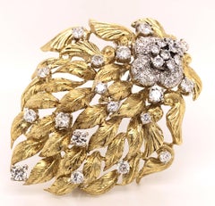 Large Diamond Flower and Gold Leaf Floral Brooch Pendant Pin
