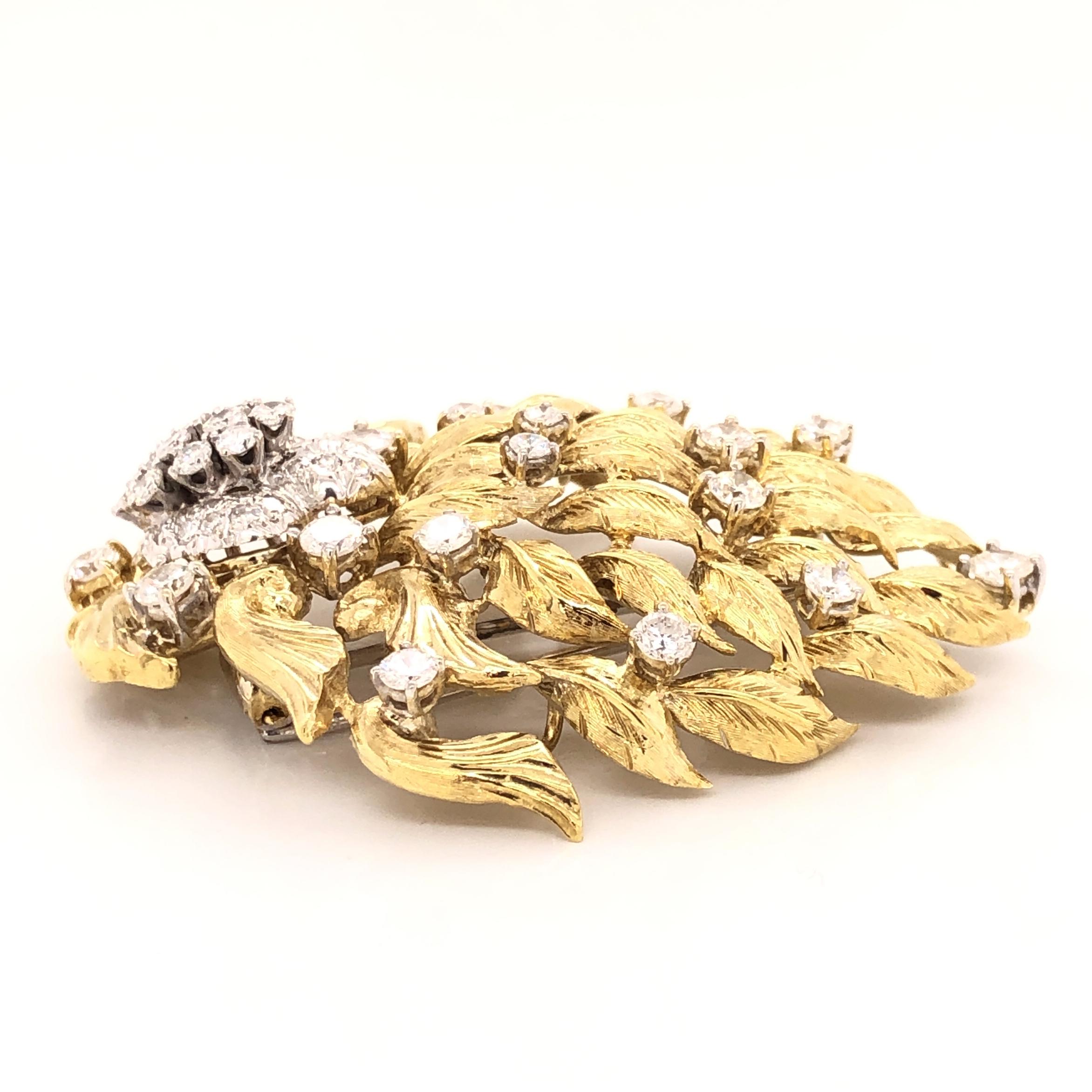 Round Cut Large Diamond Flower and Gold Leaf Floral Brooch Pendant Pin