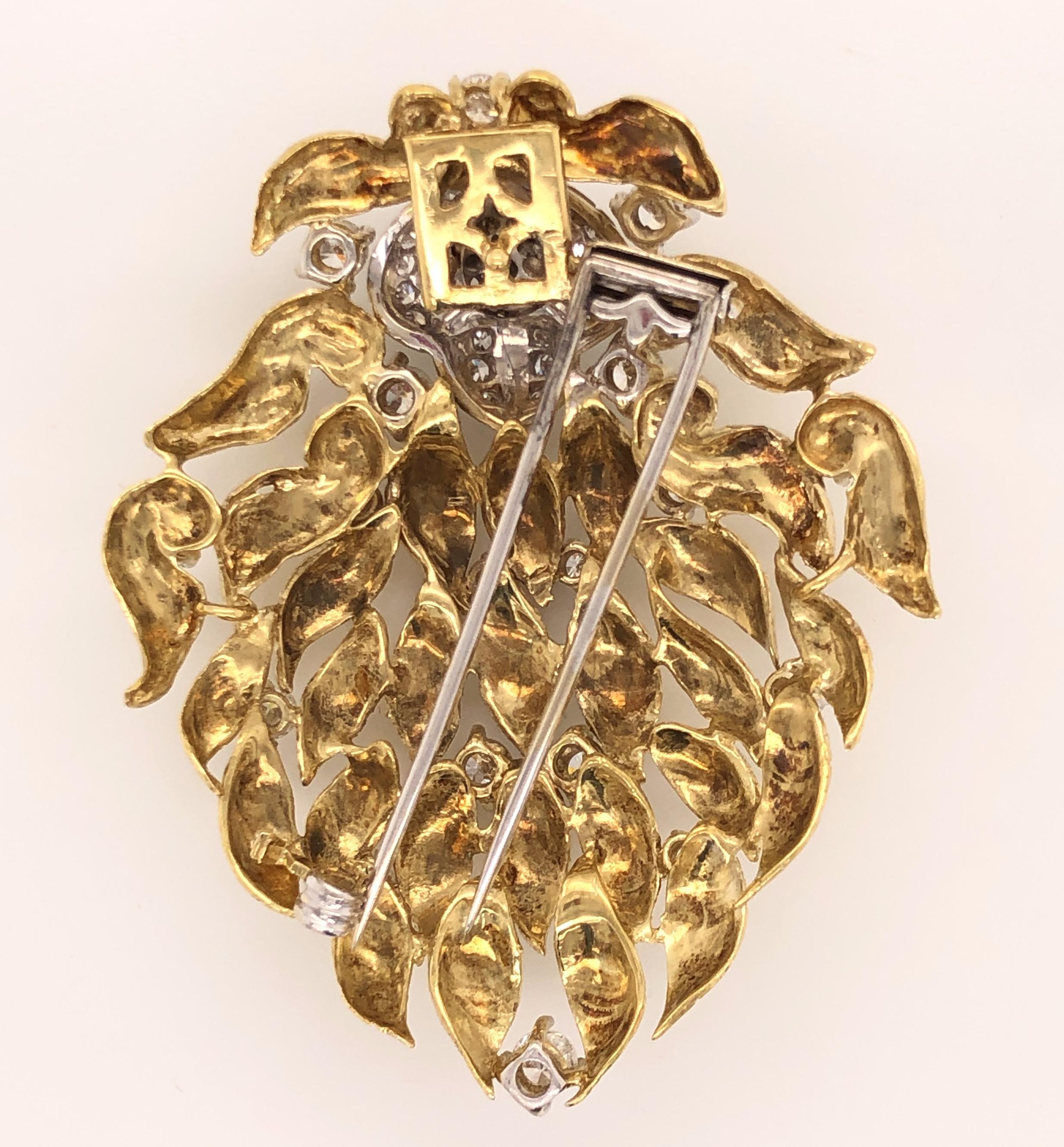 Large Diamond Flower and Gold Leaf Floral Brooch Pendant Pin 2