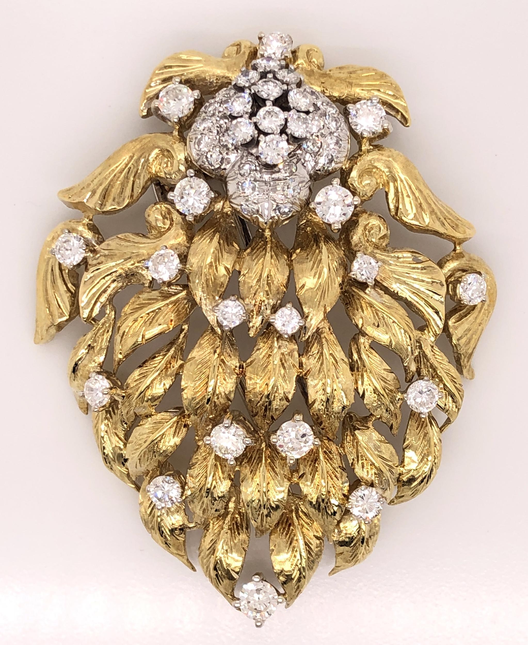 Large Diamond Flower and Gold Leaf Floral Brooch Pendant Pin 3