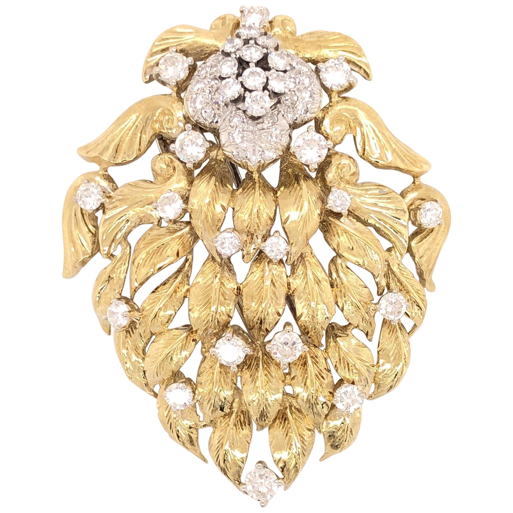 Large Diamond Flower and Gold Leaf Floral Brooch Pendant Pin