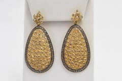 Large Diamond Flower with Dangling Diamond Teardrop Silver and Gold Earrings