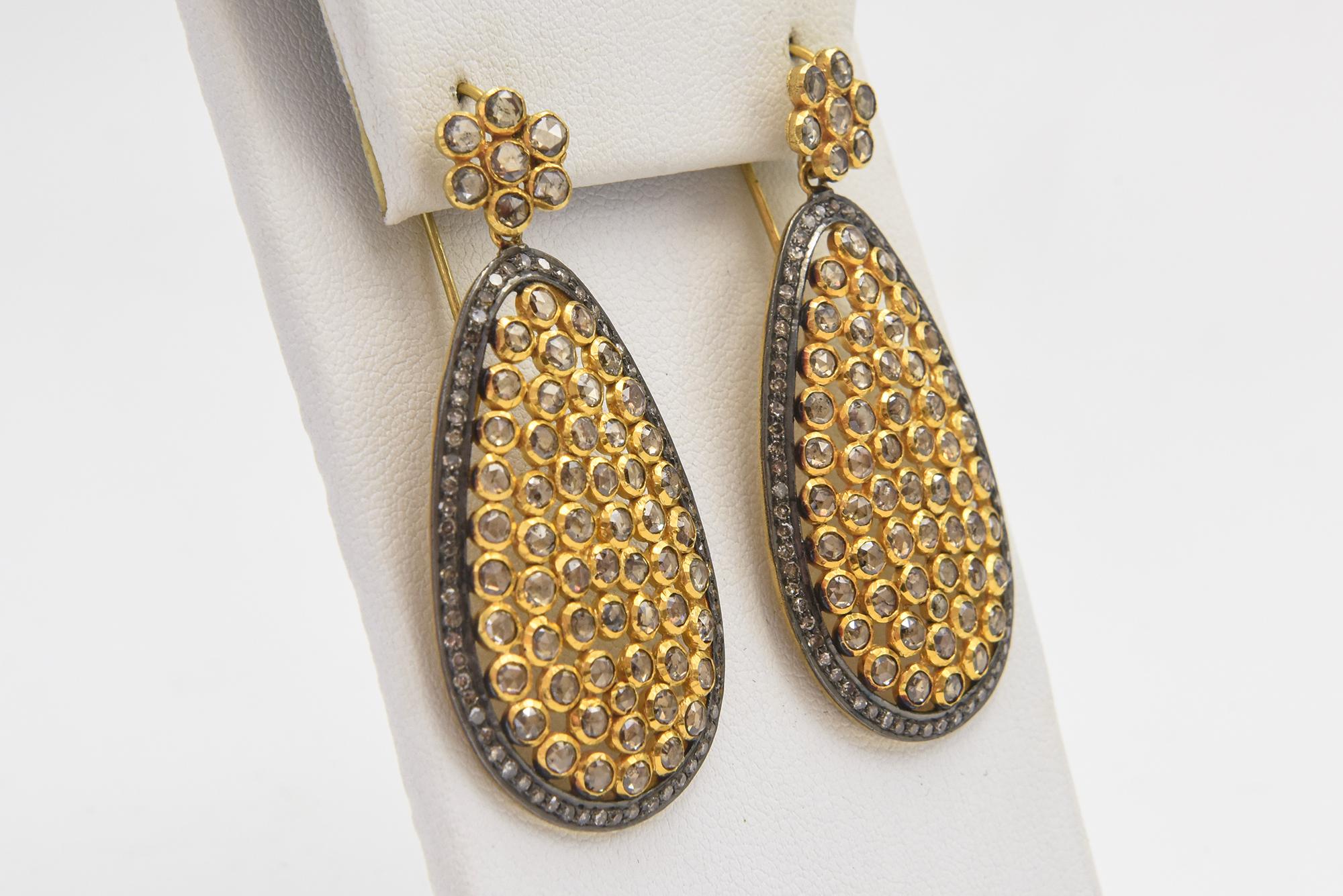 Rose Cut Large Diamond Flower with Dangling Diamond Teardrop Silver and Gold Earrings For Sale
