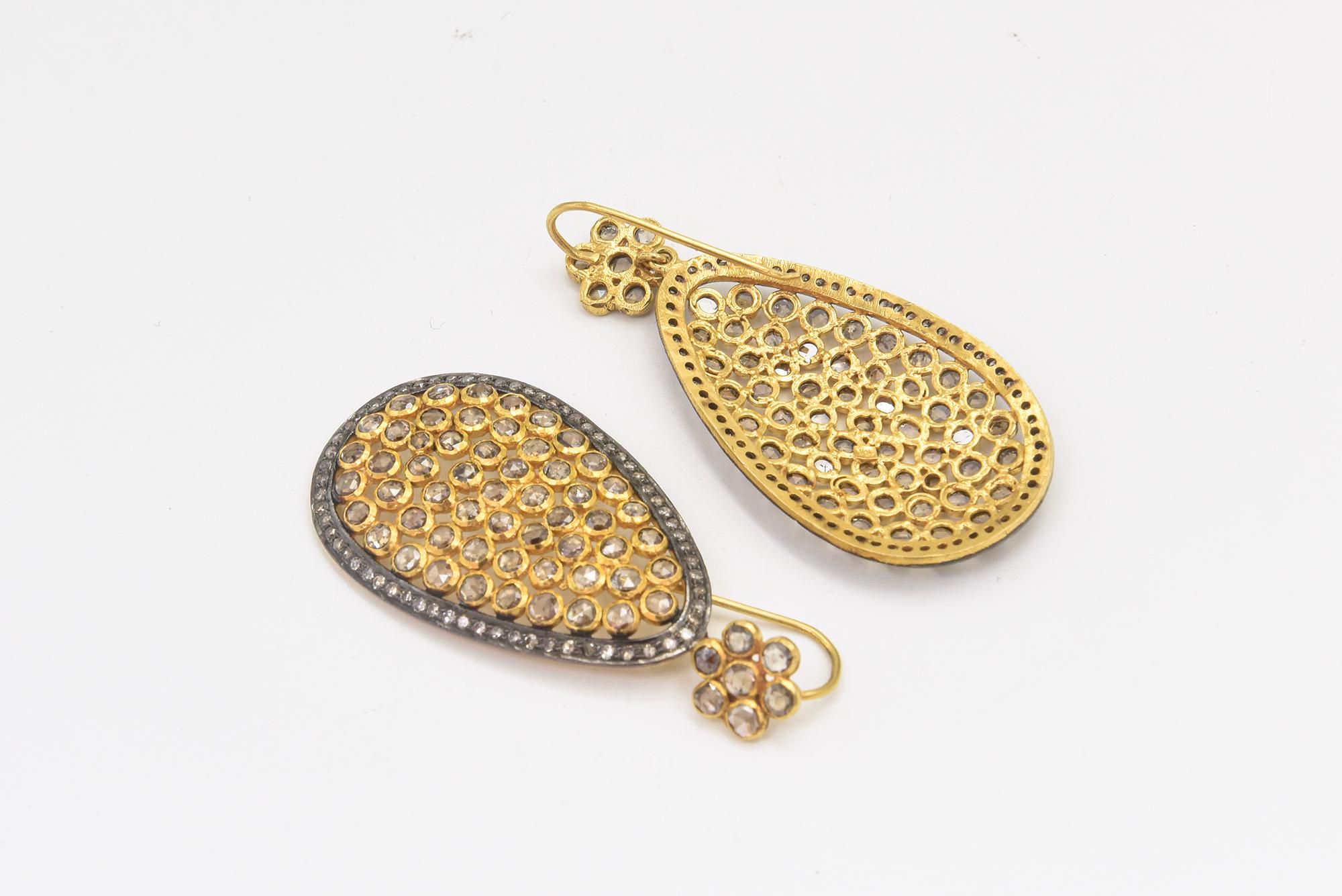 Large Diamond Flower with Dangling Diamond Teardrop Silver and Gold Earrings For Sale 1