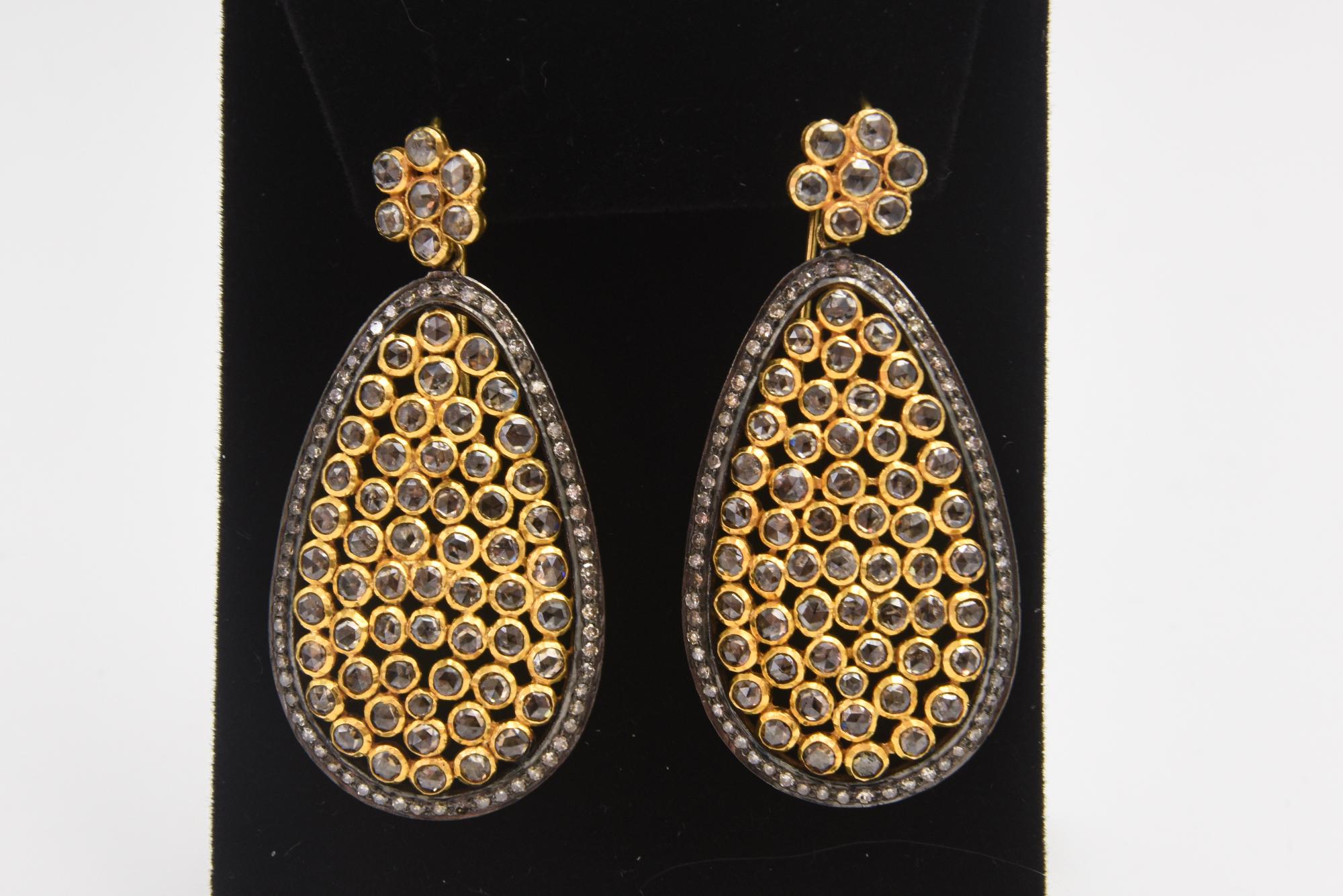 Large Diamond Flower with Dangling Diamond Teardrop Silver and Gold Earrings For Sale 2
