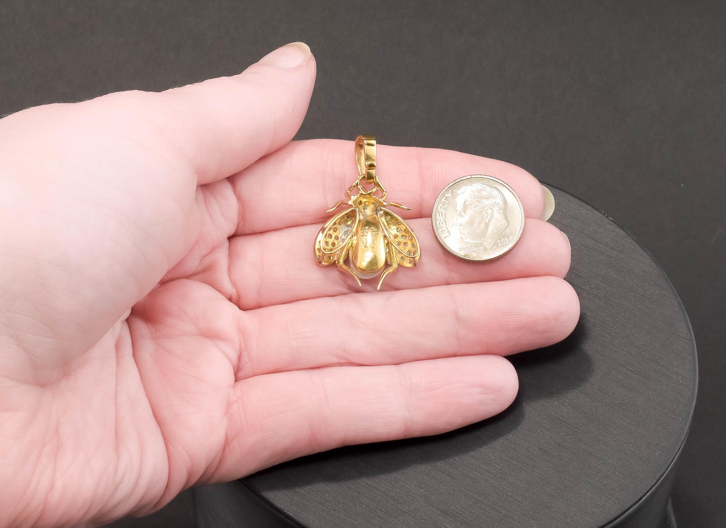Large Diamond & Gold Bee Pendant Enhancer with Baroque Pearl 4