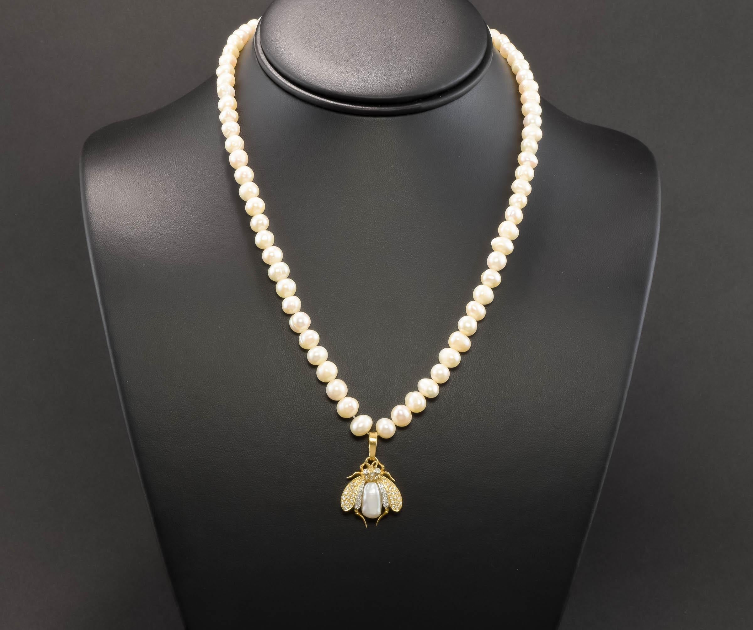Large Diamond & Gold Bee Pendant Enhancer with Baroque Pearl 6