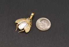 Large Diamond & Gold Bee Pendant Enhancer with Baroque Pearl