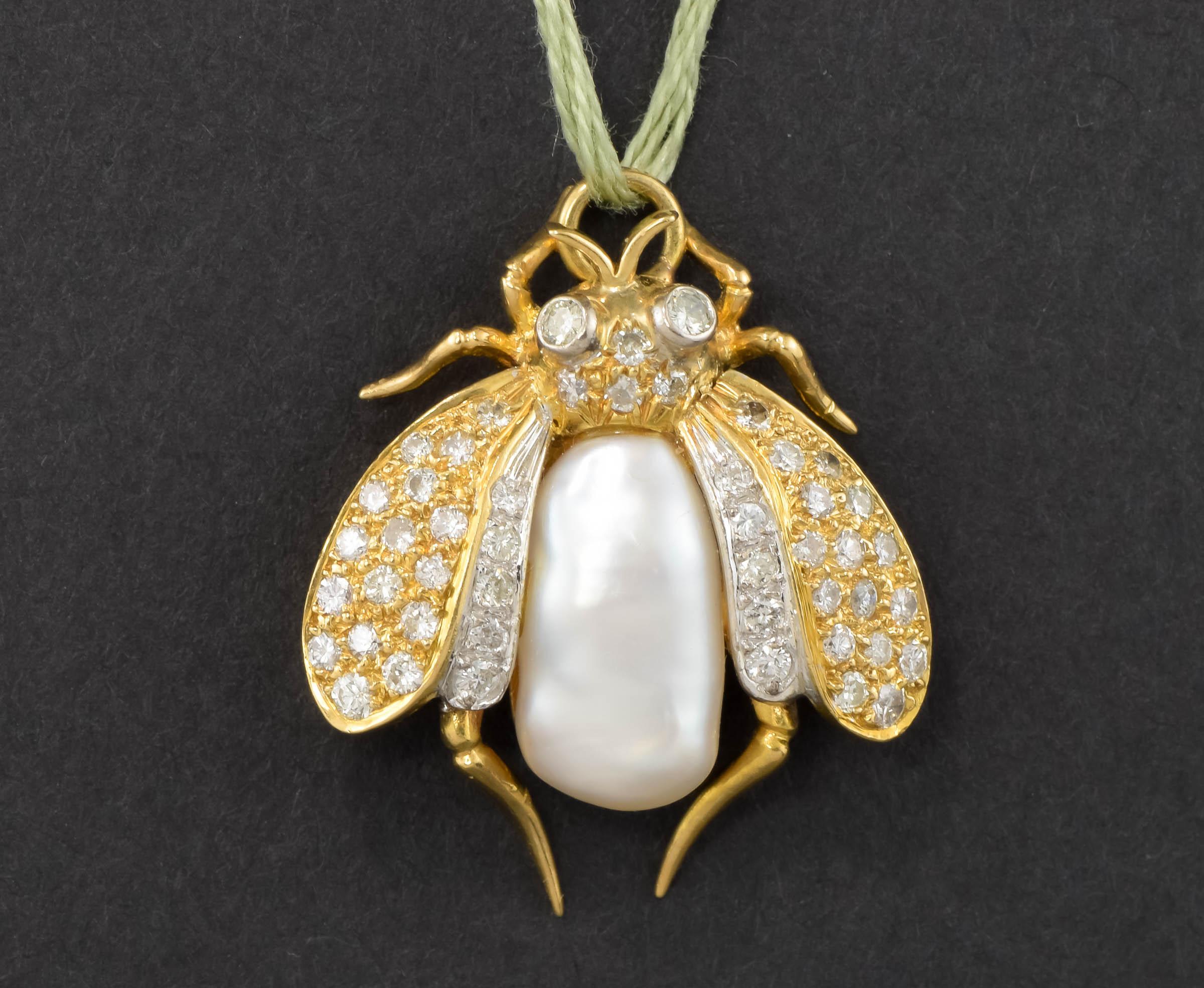 Brilliant Cut Large Diamond & Gold Bee Pendant Enhancer with Baroque Pearl