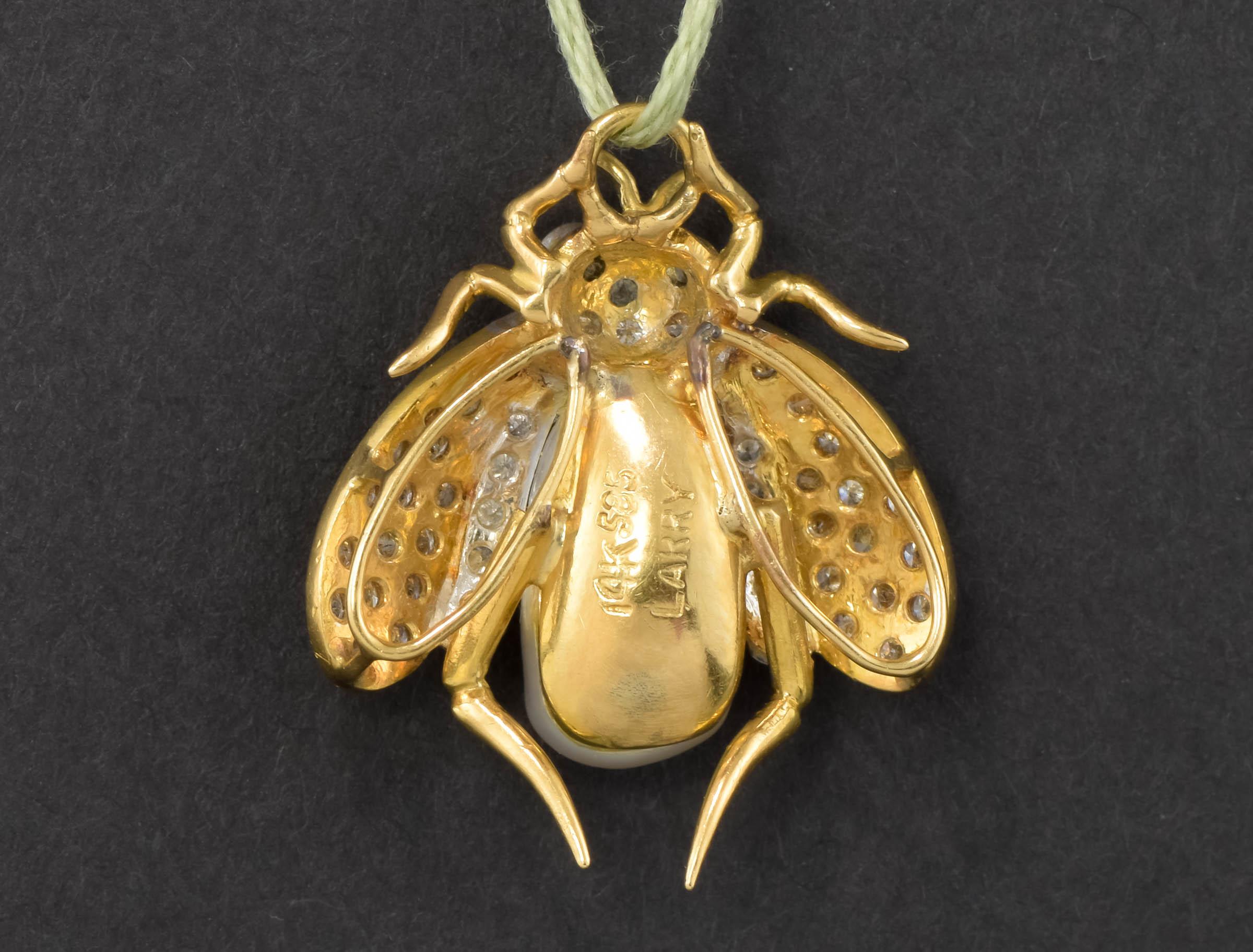 Large Diamond & Gold Bee Pendant Enhancer with Baroque Pearl In Good Condition In Danvers, MA