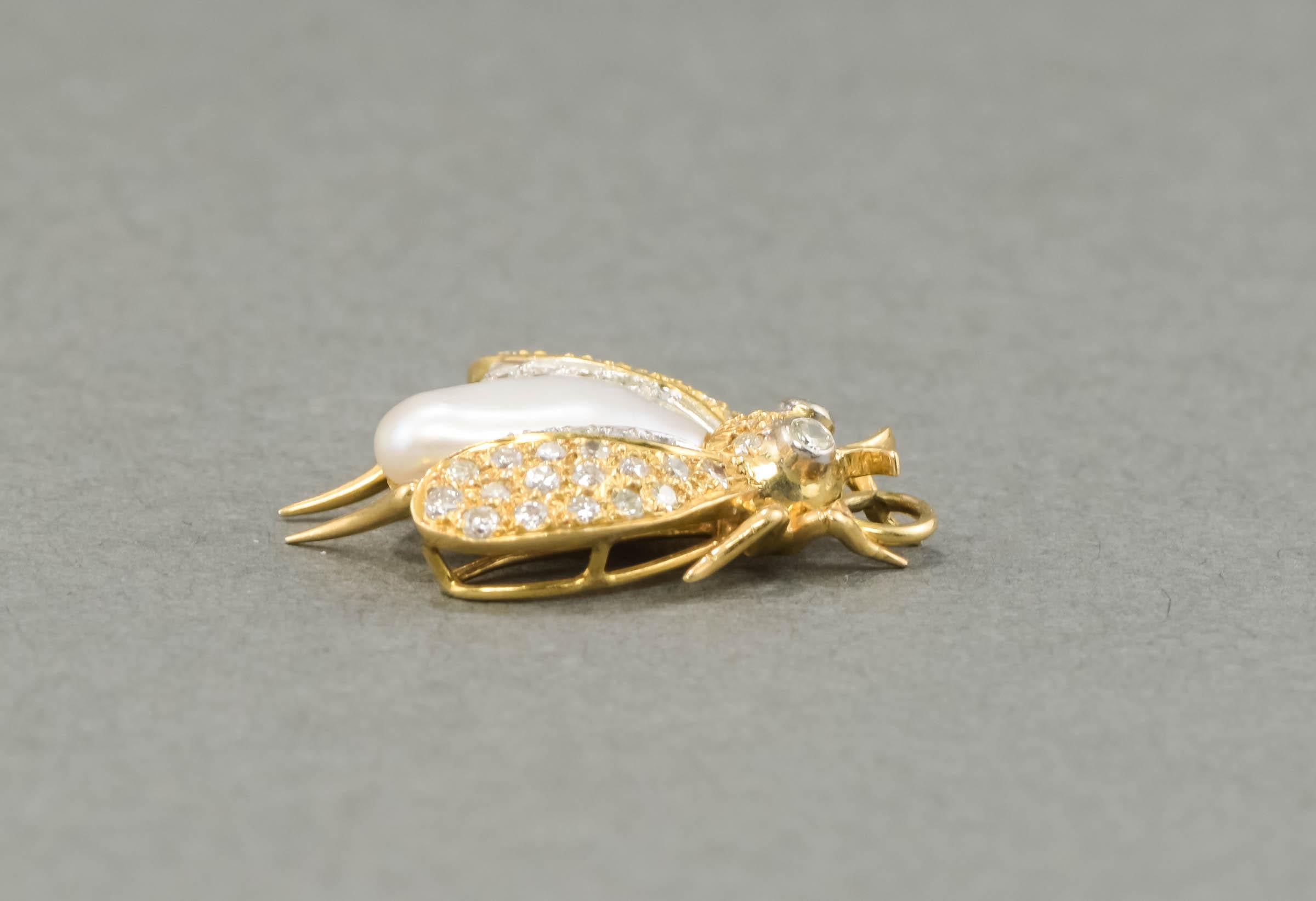 Large Diamond & Gold Bee Pendant Enhancer with Baroque Pearl 2