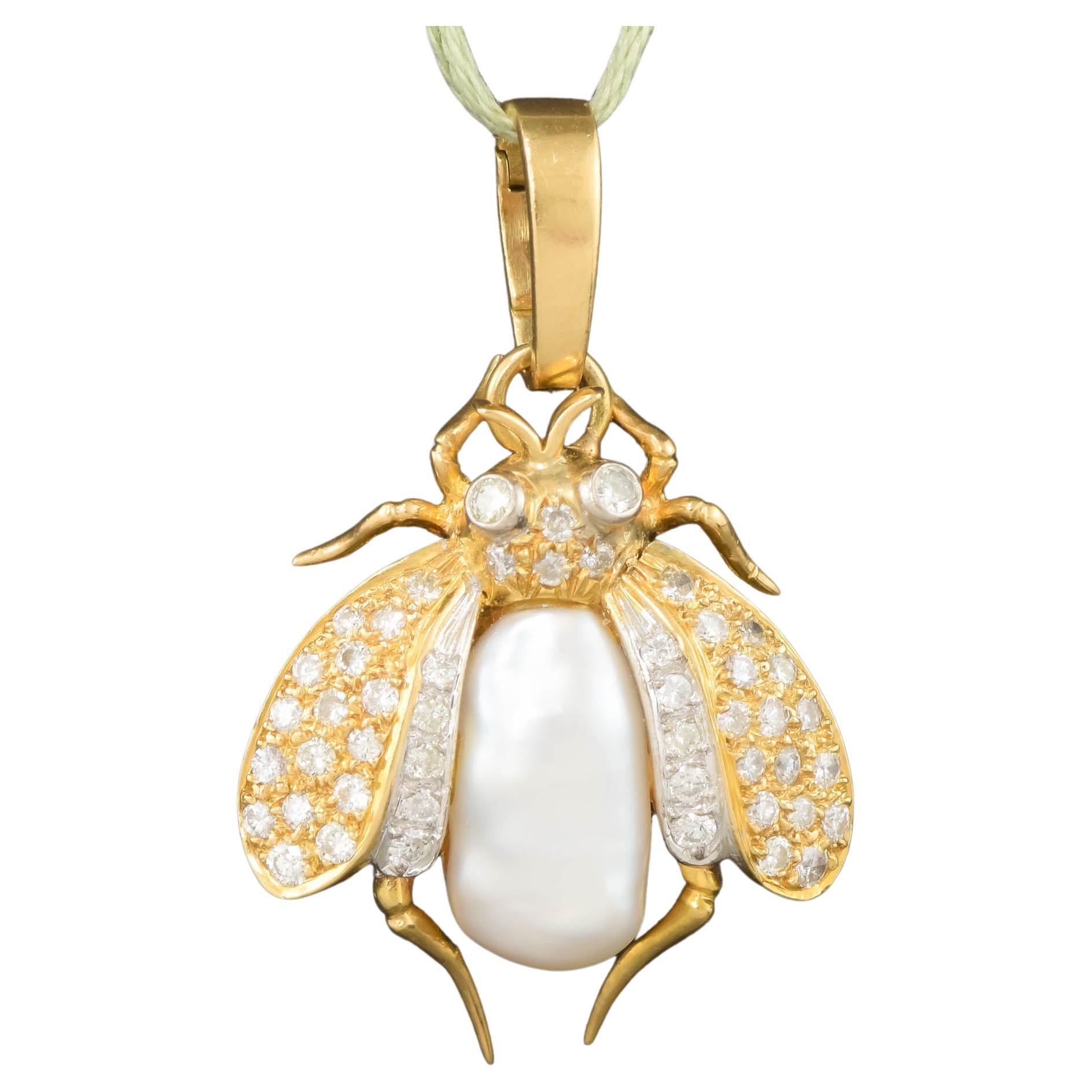 Large Diamond & Gold Bee Pendant Enhancer with Baroque Pearl