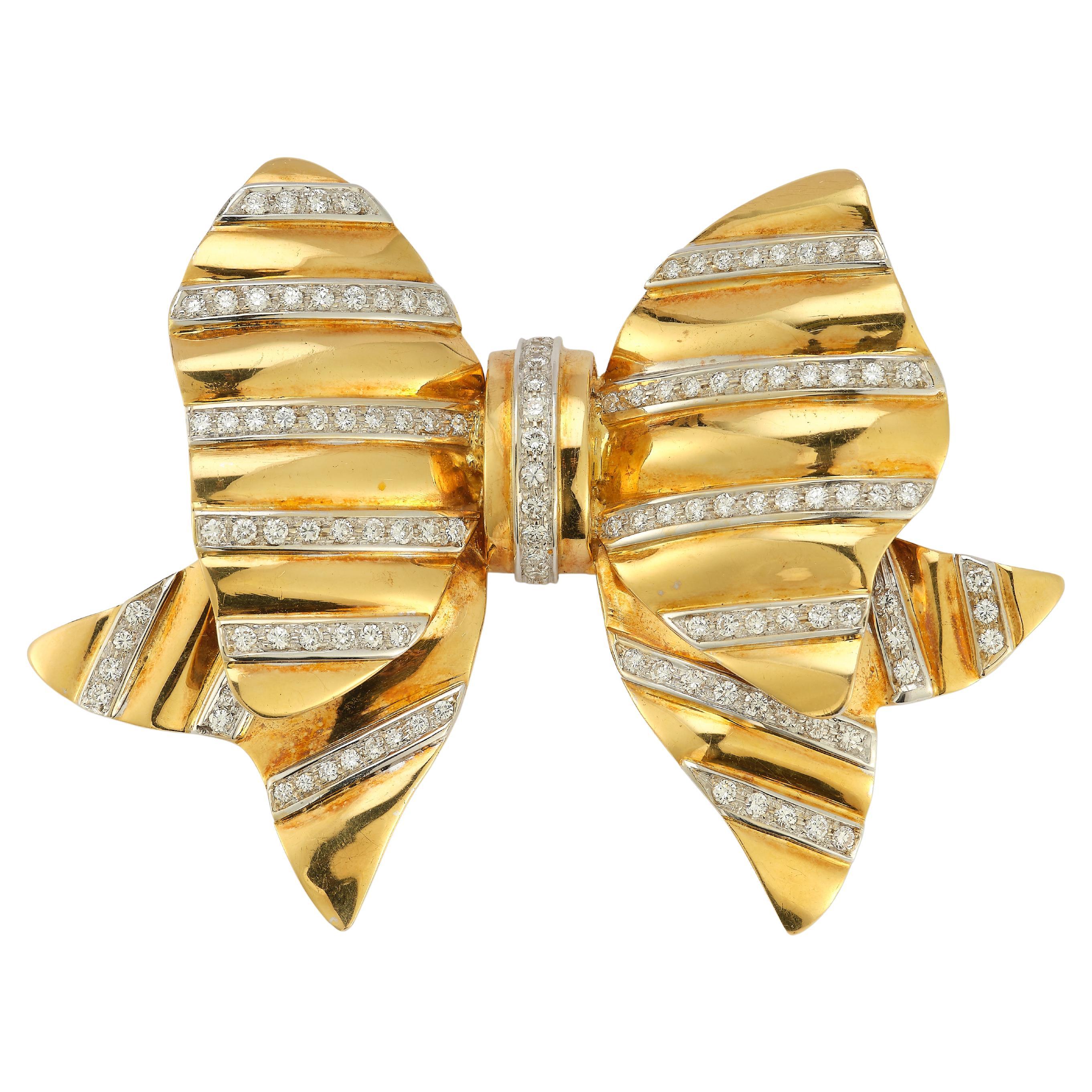 Large Diamond & Gold Bow Brooch For Sale