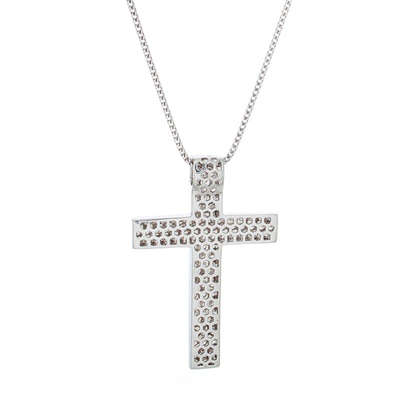 This prominent cross pendant features 4.63 carats of colorless round cut VS quality diamonds.  Set in 18K white gold with three rows of diamonds running vertically and horizontally.  A magnificent piece to wear on a long or short chain.

Chain