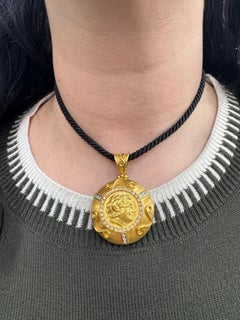 Large Diamond Greek Coin Pendant Necklace on Rope Chain 18 Karat Yellow Gold