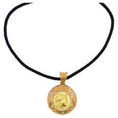 Large Diamond Greek Coin Pendant Necklace on Rope Chain 18 Karat Yellow Gold