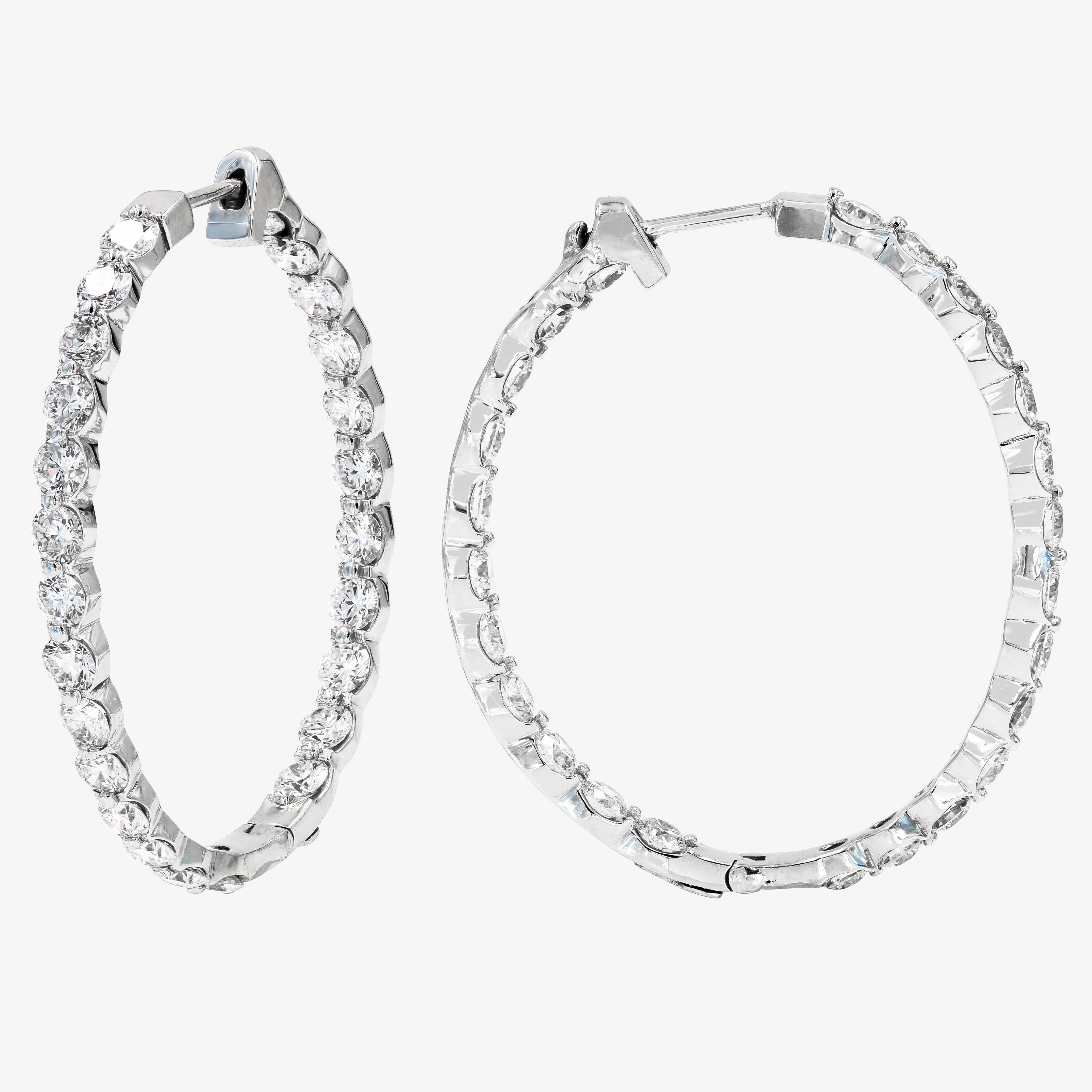 Contemporary Large Diamond Hoop Earrings with Round Ideal Cut Diamonds in 18 Karat White Gold