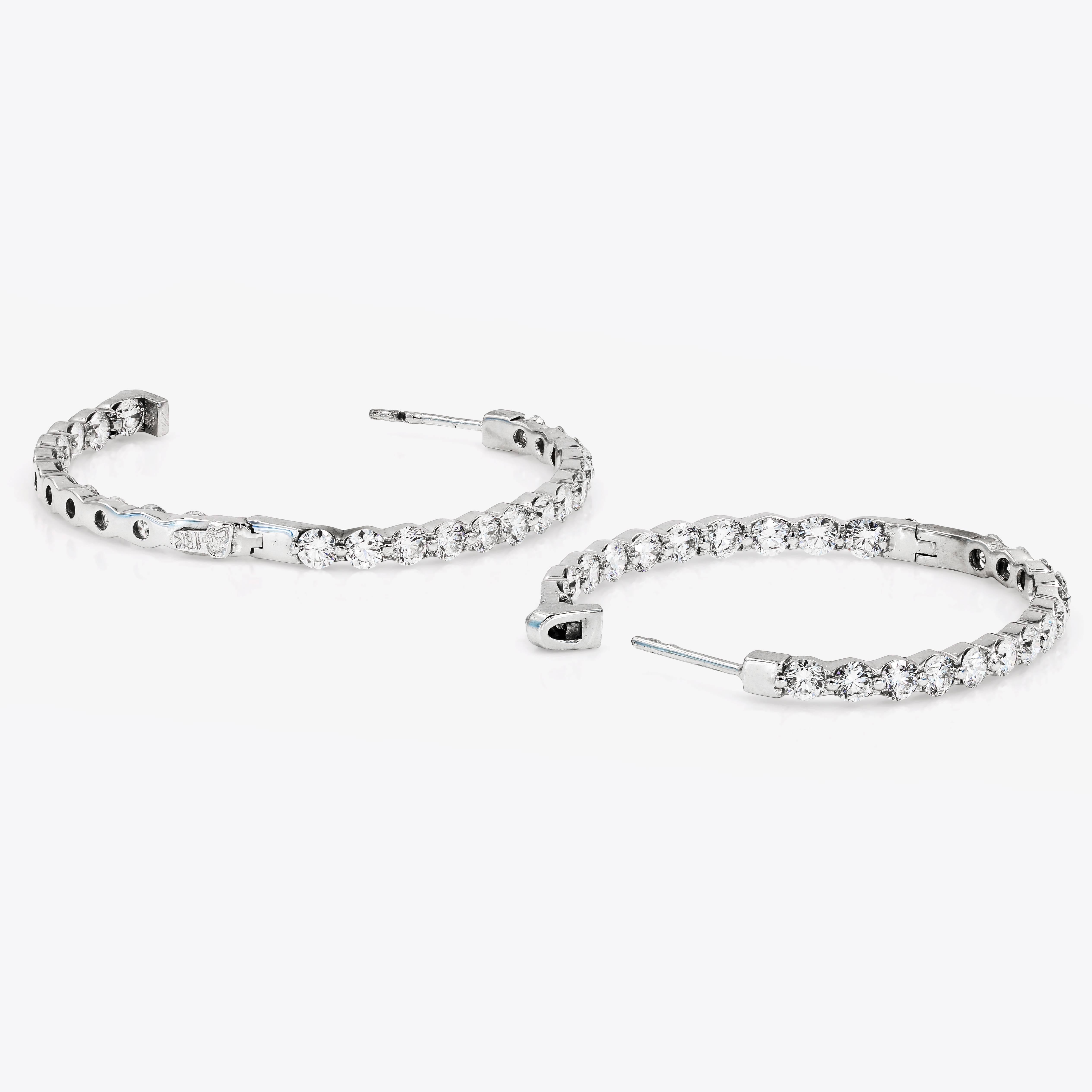 Round Cut Large Diamond Hoop Earrings with Round Ideal Cut Diamonds in 18 Karat White Gold