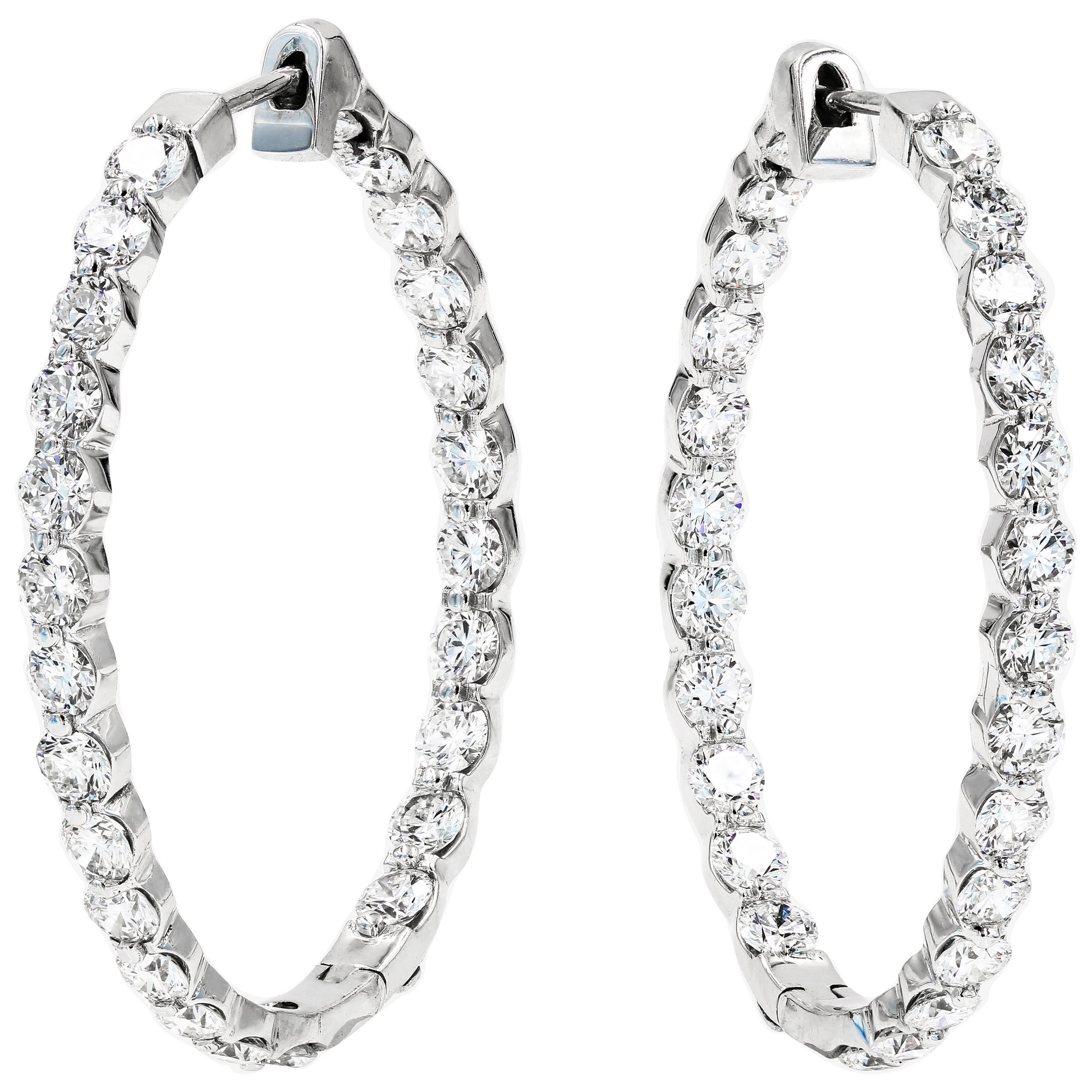 Large Diamond Hoop Earrings with Round Ideal Cut Diamonds in 18 Karat White Gold