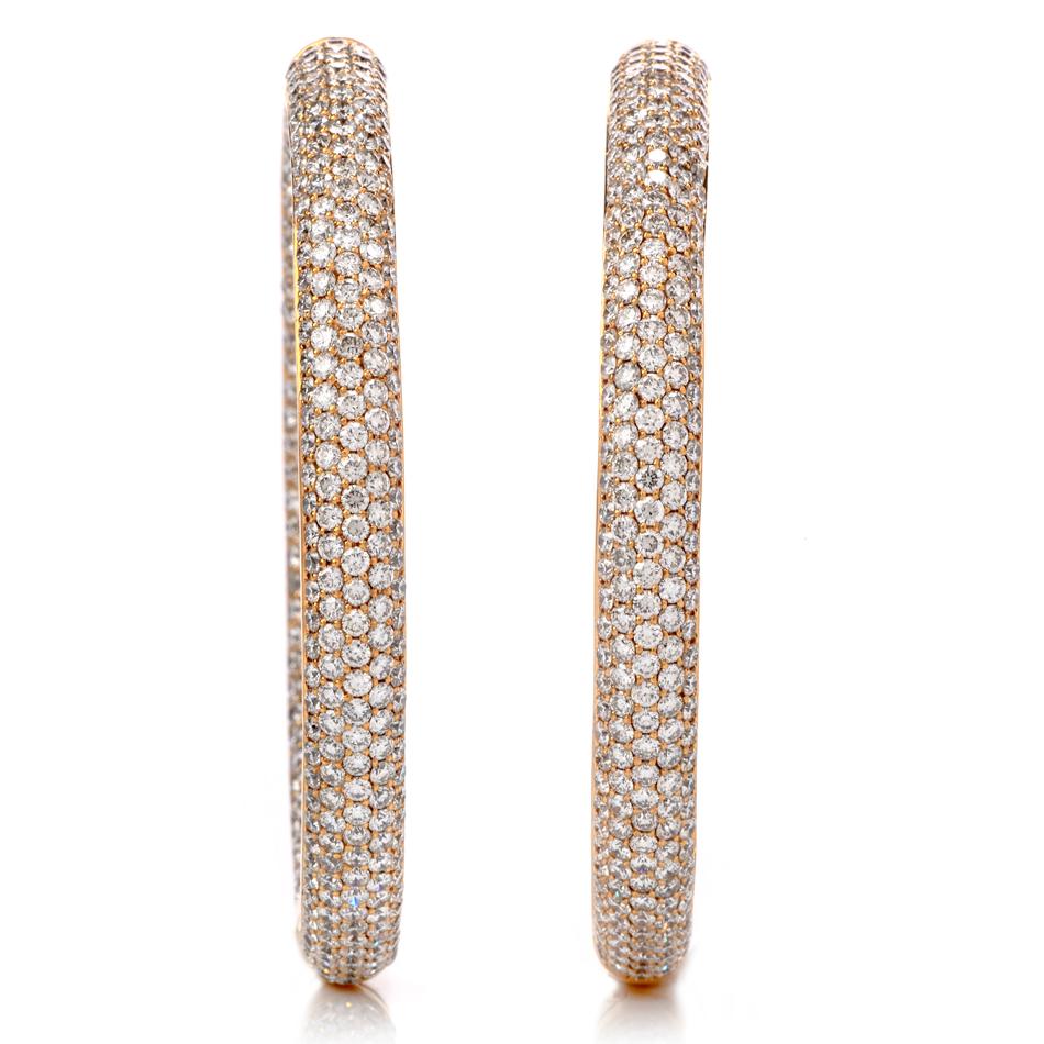 Express your confident and flirty side with these divine 14.47-Carat Diamond Round Cut Pave Set Large 14k Rose Gold Inside Out Hoop earrings!  These large style of diamond pave hoop earrings can be seen on famous icons such as Jennifer Lopez,