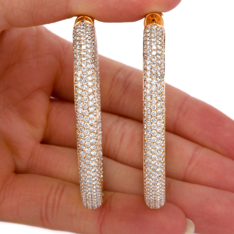 Round Cut Large Diamond Hoop Rose Gold  Earrings