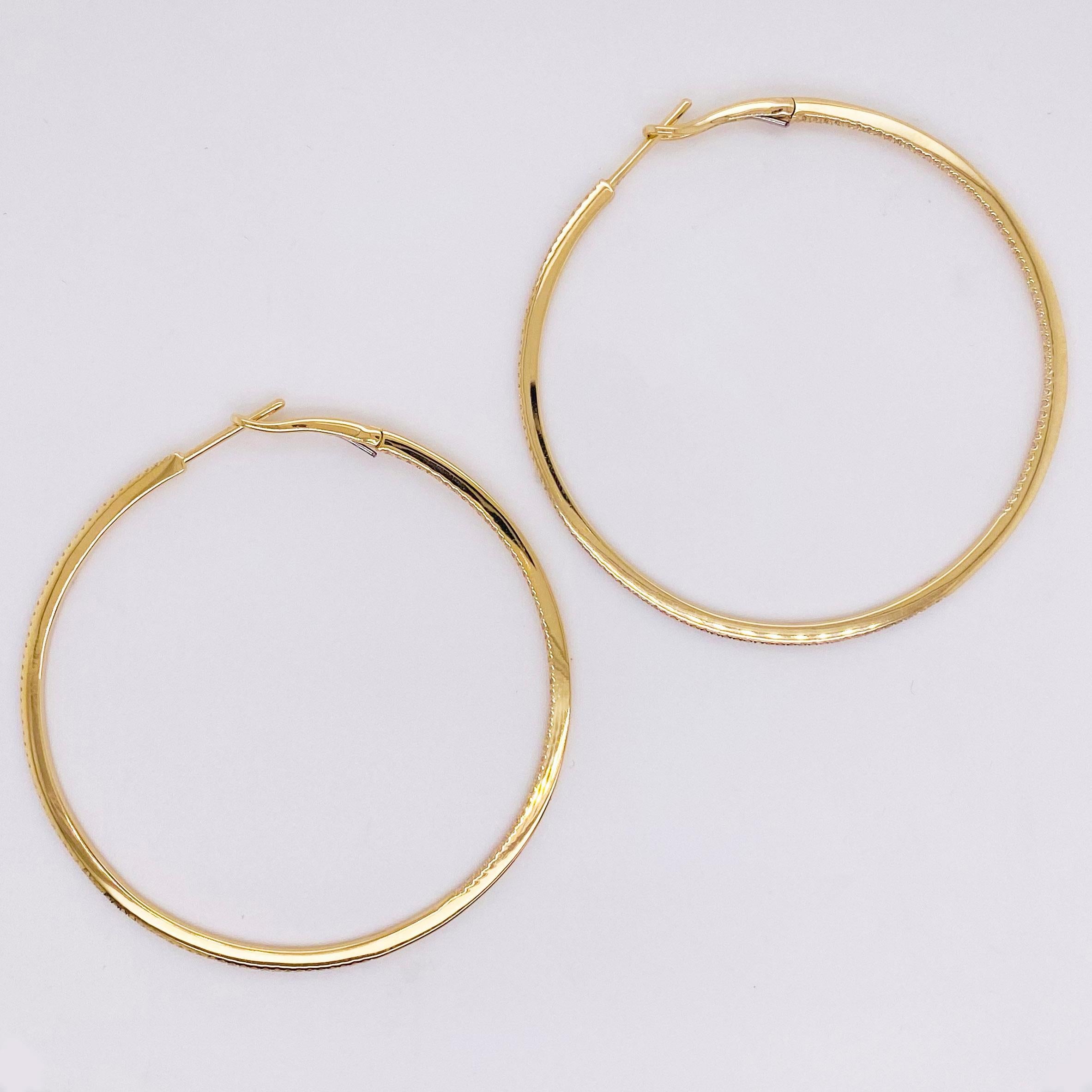 Large Diamond Inside Out Hoop Earrings 14K Yellow Gold 3/4 Carat Diamond Hoops For Sale 2