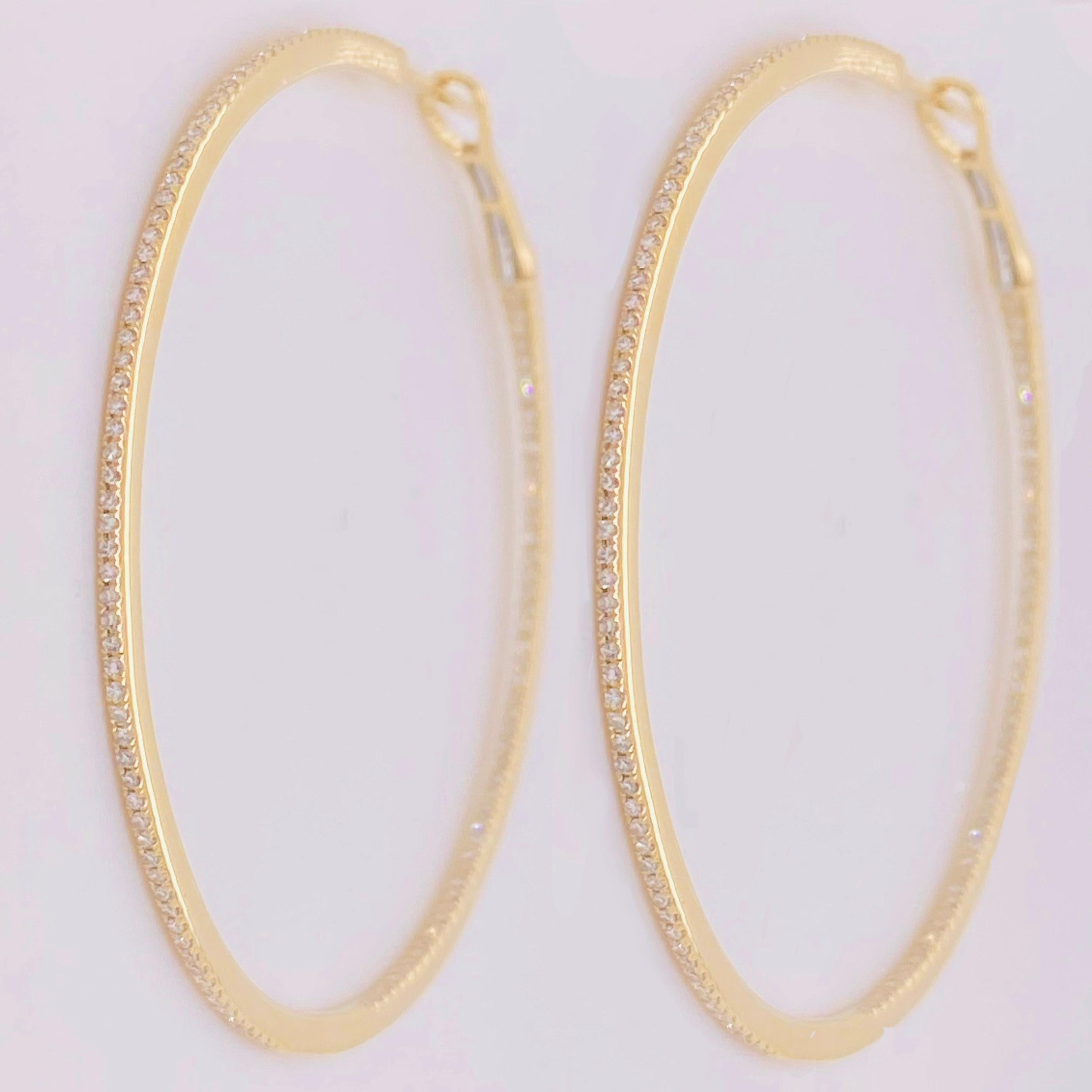 Modern Large Diamond Inside Out Hoop Earrings 14K Yellow Gold 3/4 Carat Diamond Hoops For Sale