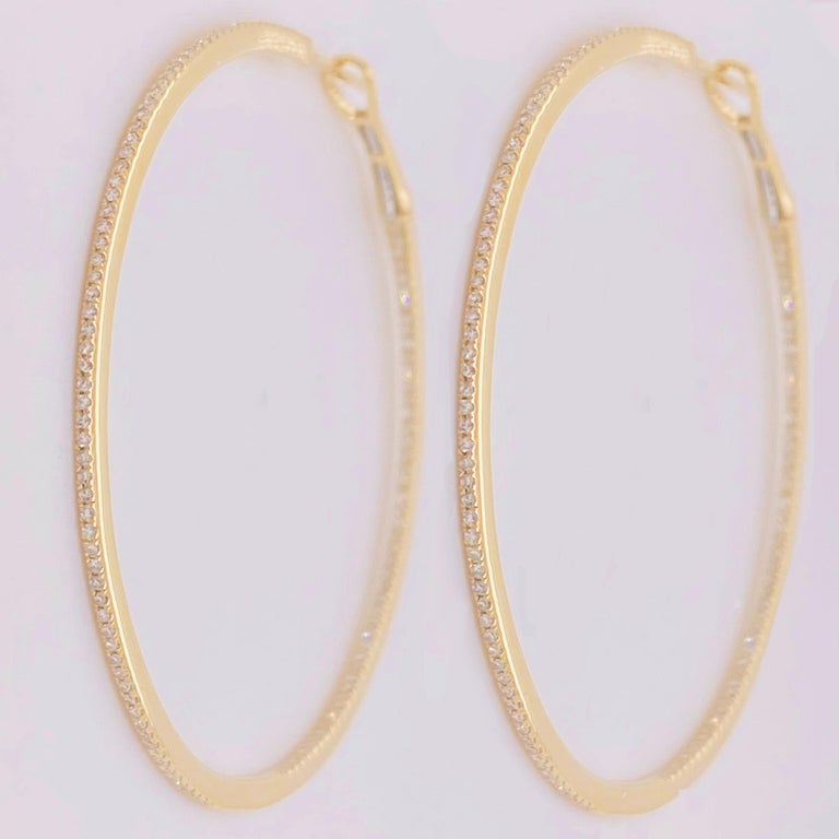 Large Diamond Inside Out Hoop Earrings 14K Yellow Gold 3/4 Carat