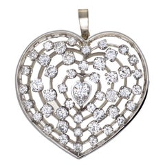 Large Diamond on Platinum Heart Brooch Pendant