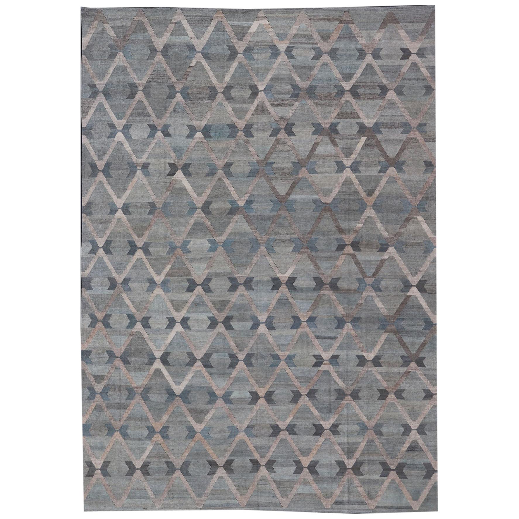 Large Diamond Pattern with All-Over Modern Design Flat-Weave Kilim