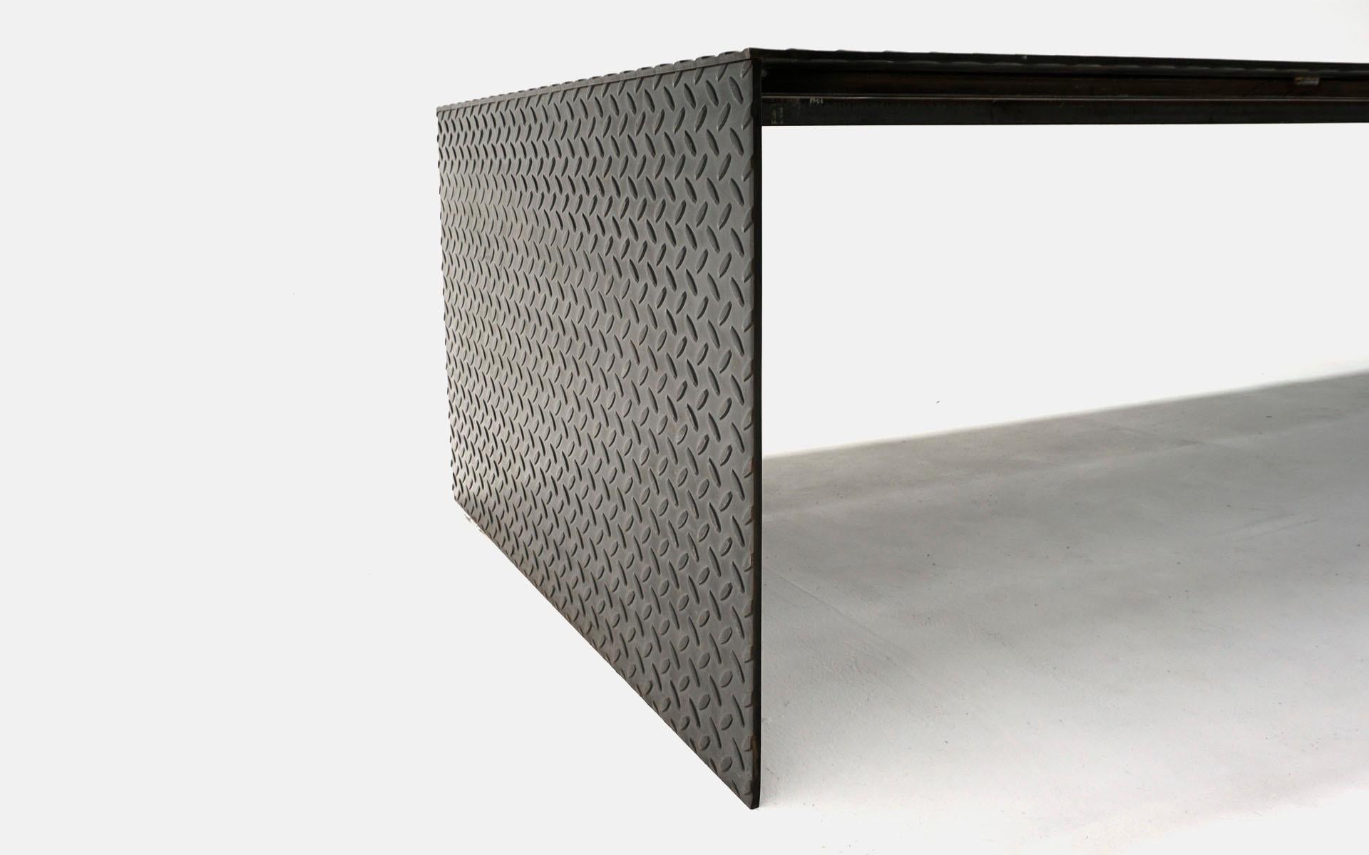 Modern Large Diamond Plate Steel Bench / Coffee Table, Dark Charcoal, Custom Made For Sale