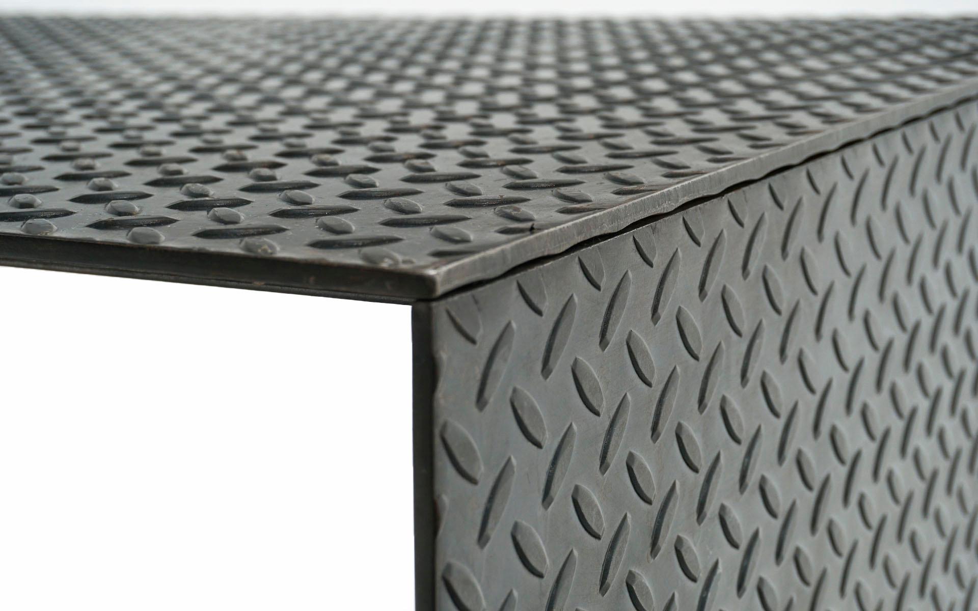 Large Diamond Plate Steel Bench / Coffee Table, Dark Charcoal, Custom Made In Good Condition For Sale In Kansas City, MO