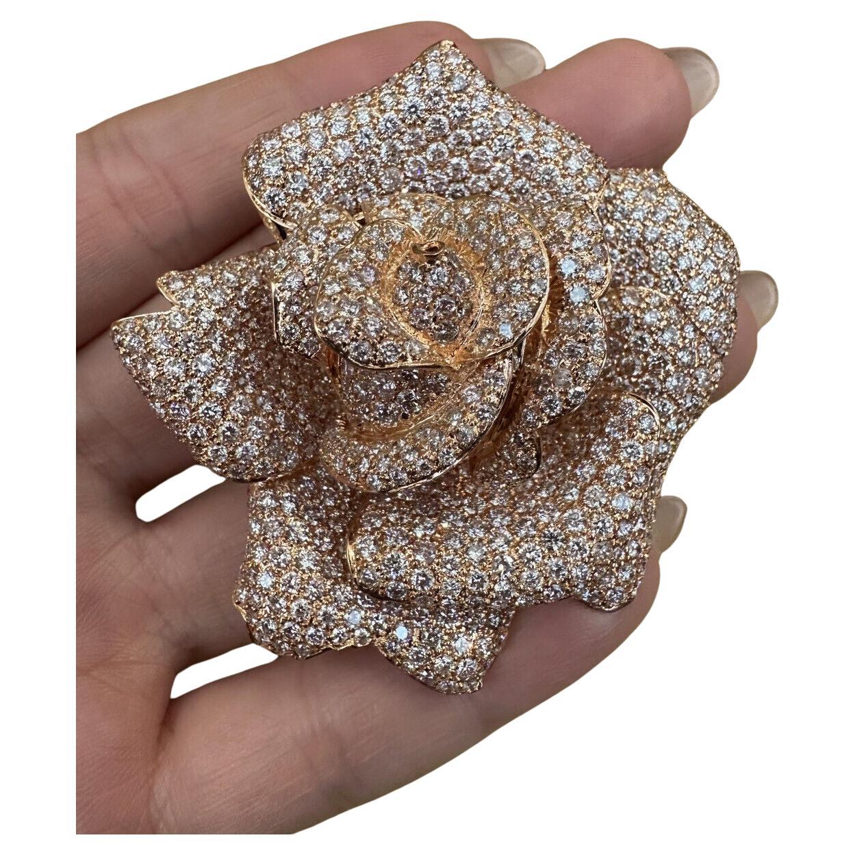 Large Diamond Rose Pin/Brooch/Pendant 22.00 Carat Total Weight in 18k Rose Gold For Sale
