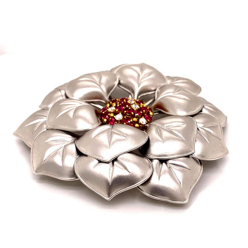 Round Cut Large Diamond Ruby Flower Brooch Pendant