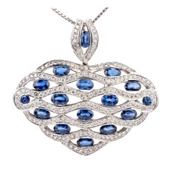 Large Diamond Sapphire 18 Karat Dome Heart Pendant