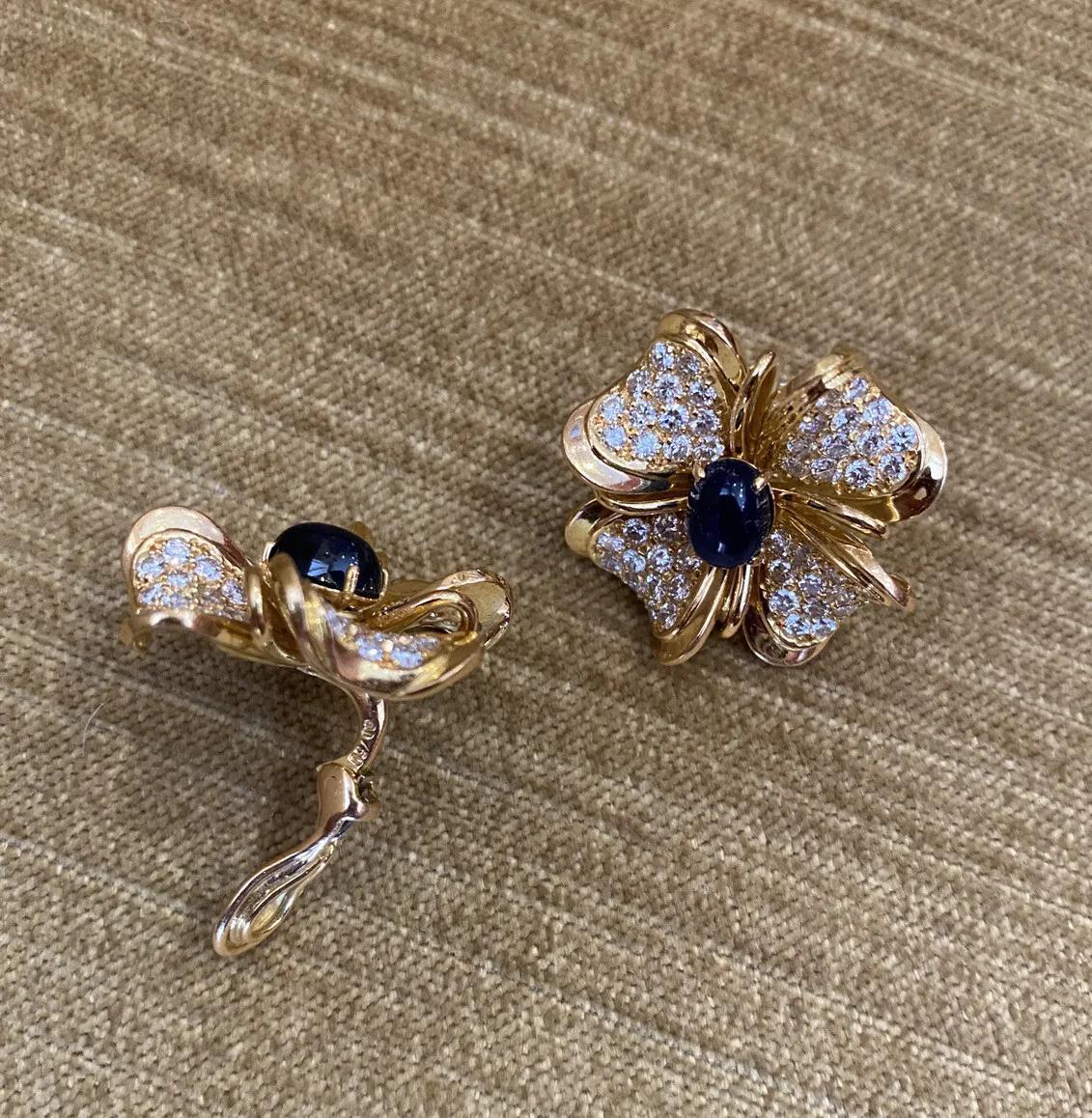Cabochon Large Diamond & Sapphire Flower Earrings in 18k Yellow Gold For Sale