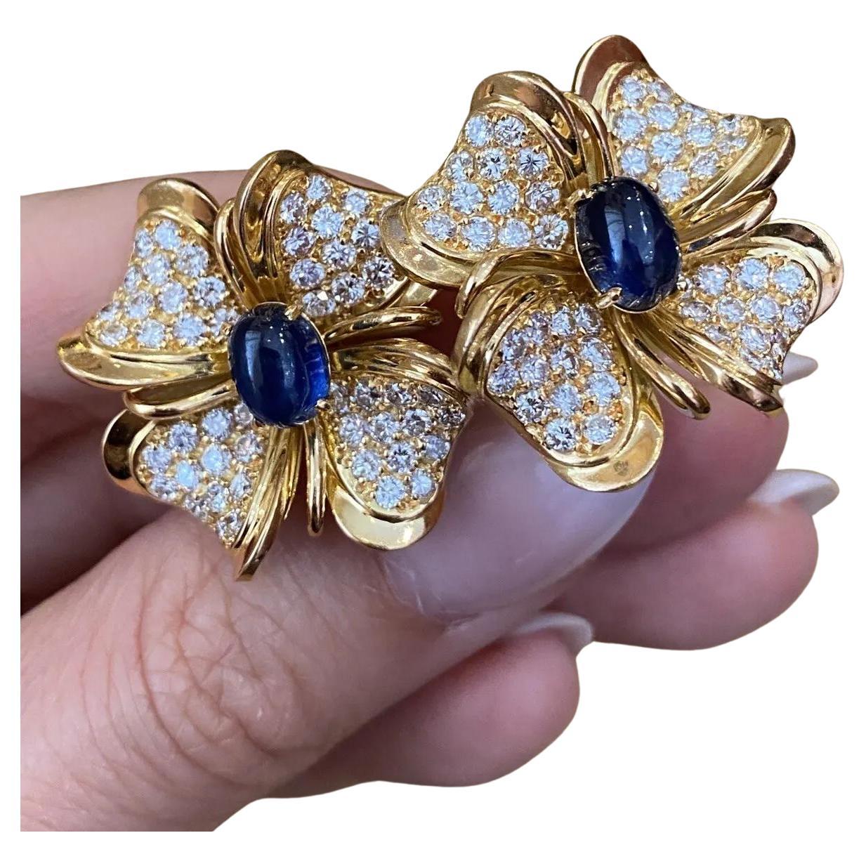 Large Diamond & Sapphire Flower Earrings in 18k Yellow Gold For Sale
