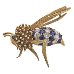 Large Diamond Sapphire Gold Wasp Bee Insect Brooch Pin