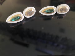 Large Diamond Slices, Indicolite Tourmaline inlaid in White Onyx Earrings