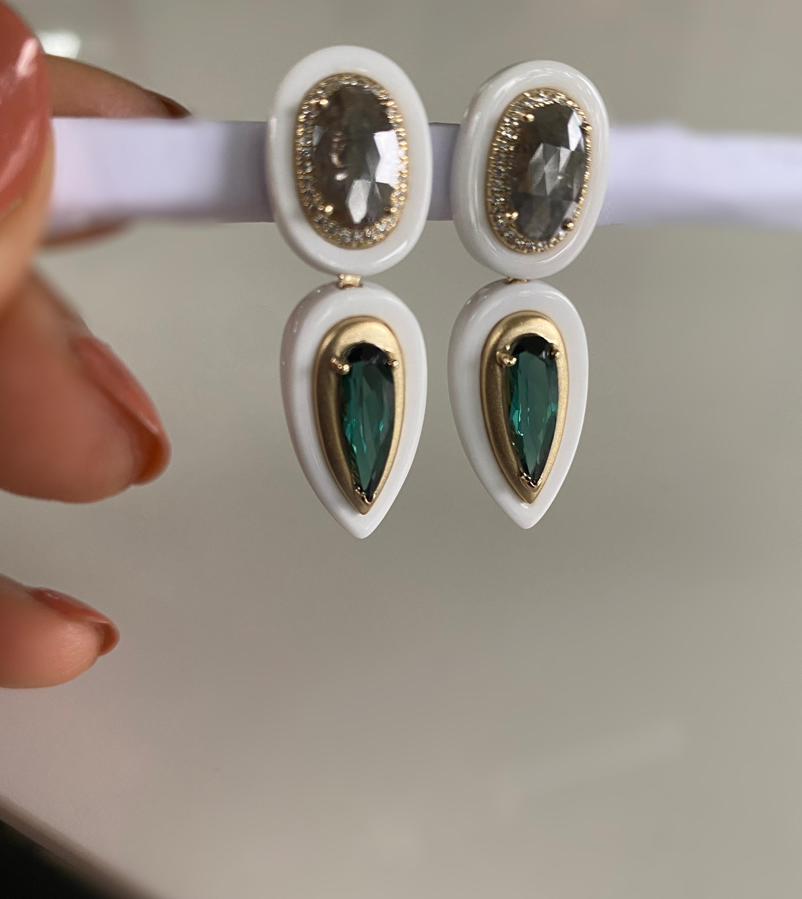 Large Diamond Slices, Indicolite Tourmaline inlaid in White Onyx Earrings In New Condition For Sale In Houston, TX