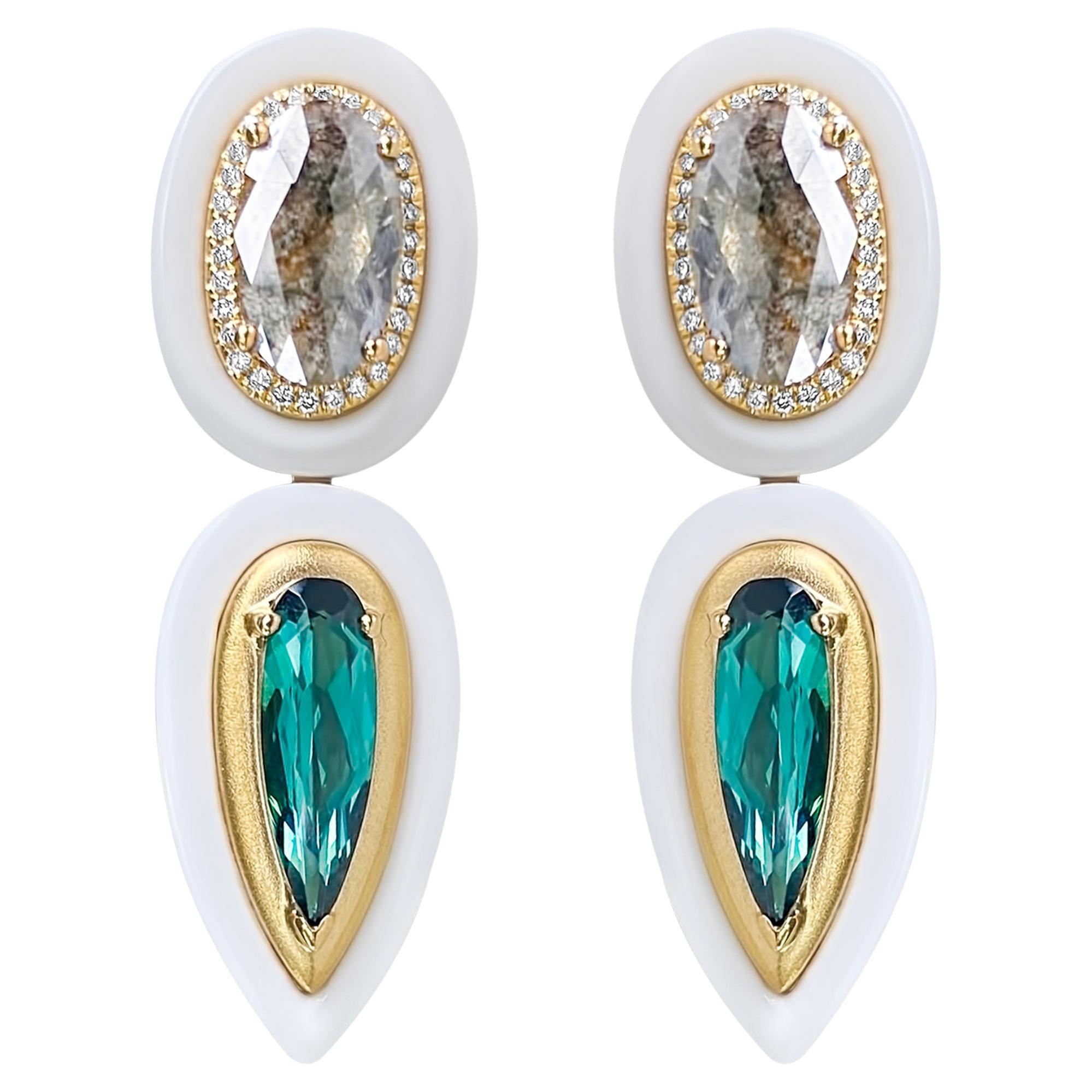 Large Diamond Slices, Indicolite Tourmaline inlaid in White Onyx Earrings For Sale