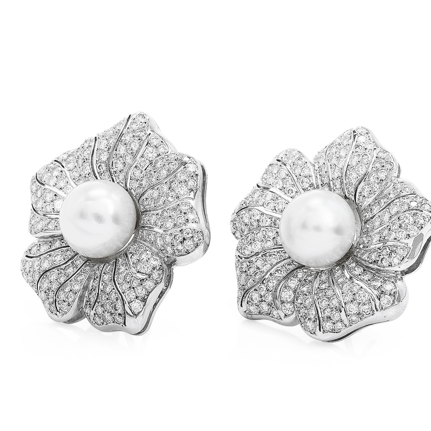Retro Large Diamond South Sea Pearl Platinum  Flower Clip on Earrings For Sale