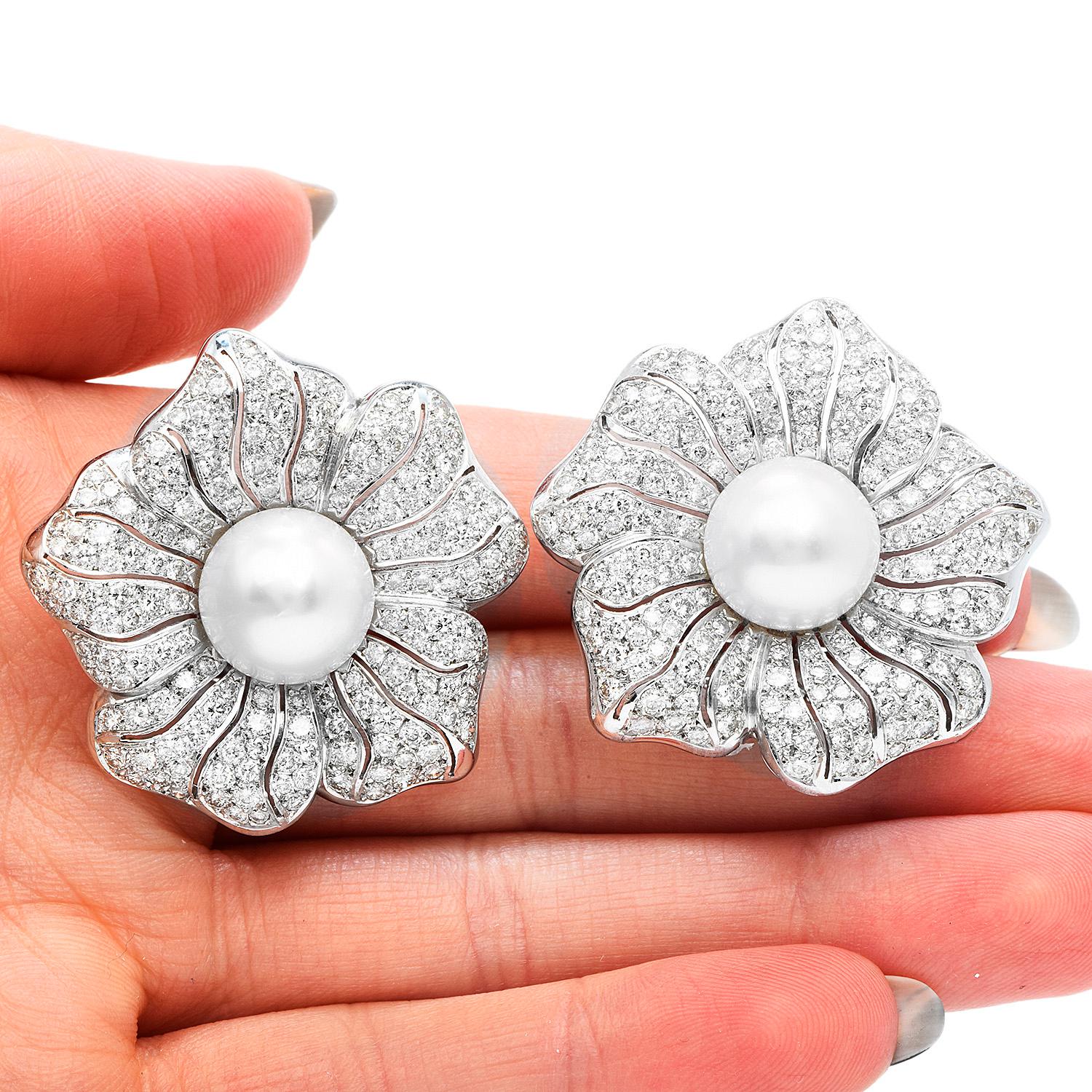 Round Cut Large Diamond South Sea Pearl Platinum  Flower Clip on Earrings For Sale
