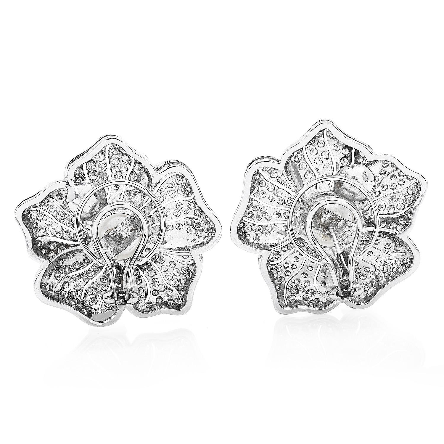 Large Diamond South Sea Pearl Platinum  Flower Clip on Earrings In Excellent Condition For Sale In Miami, FL