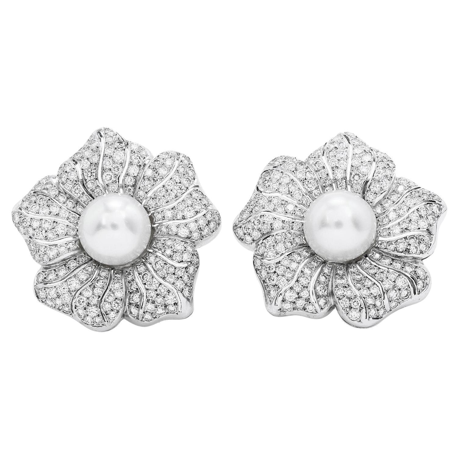 Large Diamond South Sea Pearl Platinum  Flower Clip on Earrings For Sale