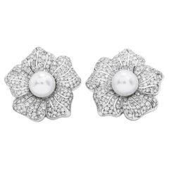 Retro Large Diamond South Sea Pearl Platinum  Flower Clip on Earrings
